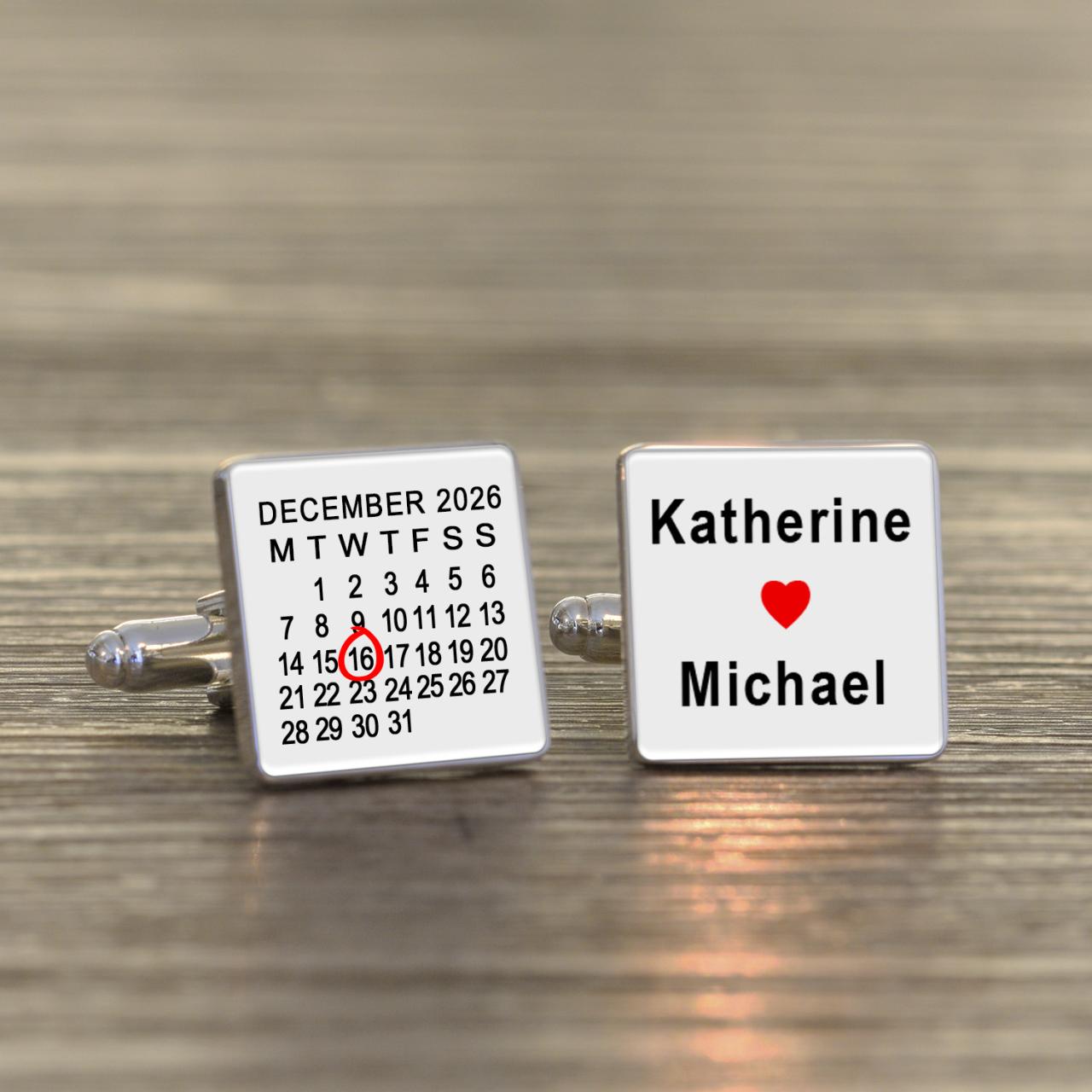 Personalised Red Heart Names and Calendar Cufflinks
