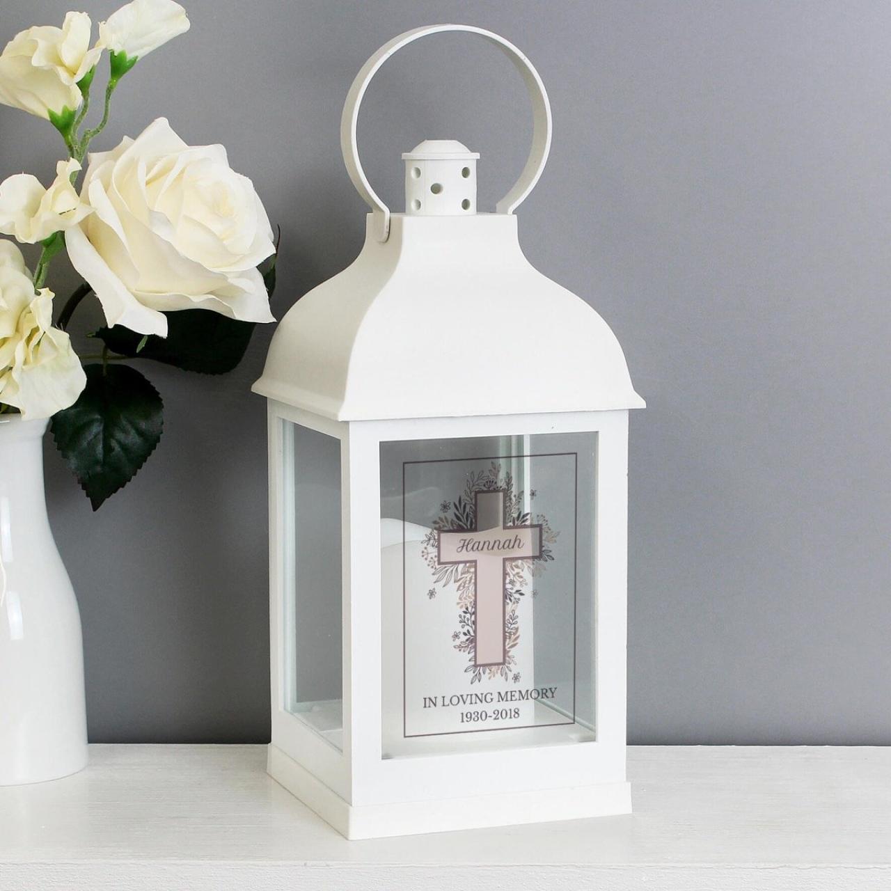 Personalised Floral Cross White Lantern