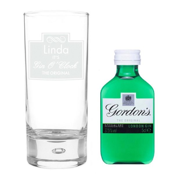 Personalised Gin O’clock Hi Ball Bubble Glass & Gin Miniature Set