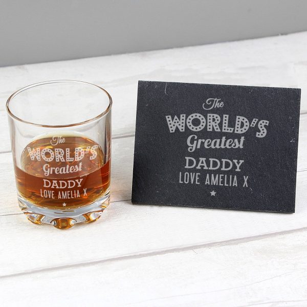 Personalised “”The Worlds Greatest”” Whisky Tumbler & Slate Coaster Set