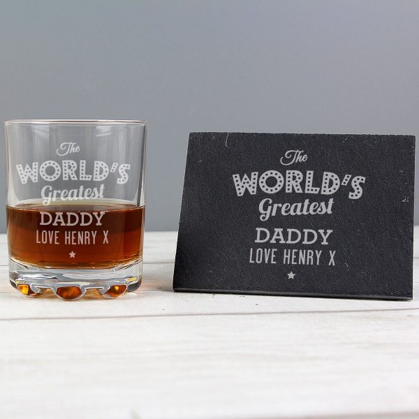 Personalised “”The Worlds Greatest”” Whisky Tumbler & Slate Coaster Set