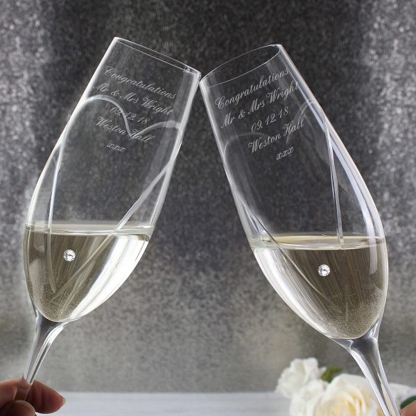 Personalised Hand Cut Heart Pair of Flutes with Swarovski Elements with Gift Box