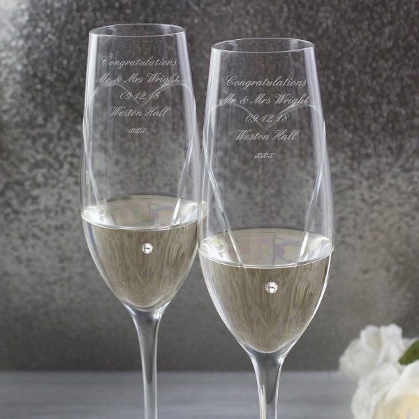 Personalised Hand Cut Heart Pair of Flutes with Swarovski Elements with Gift Box