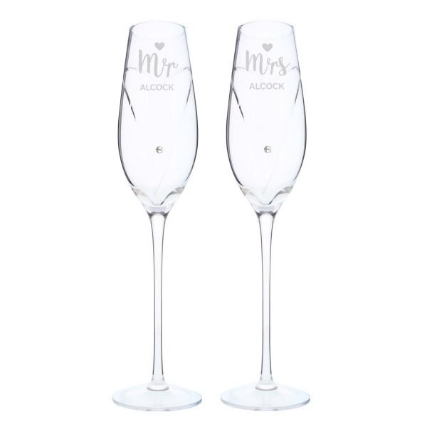 Personalised Hand Cut Mr & Mrs Pair of Flutes with Swarovski Elements in Gift Box