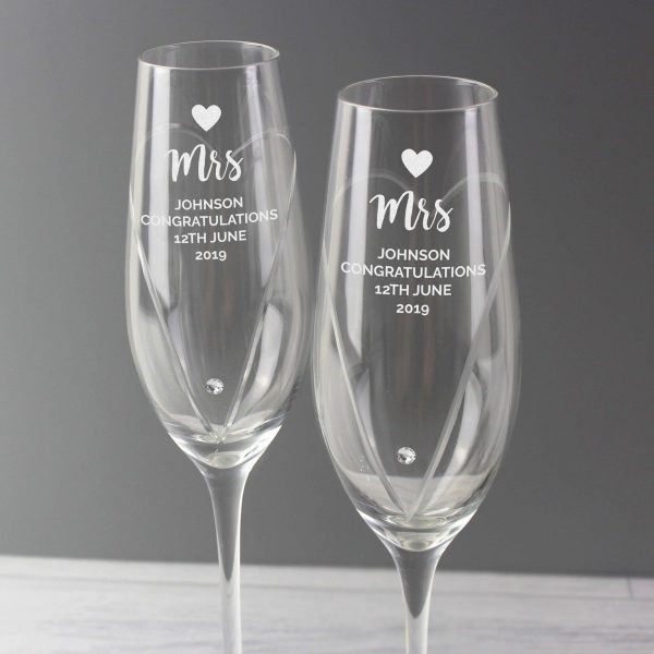 Personalised Hand Cut Heart Celebration Pair of Flutes with Swarovski Elements in Gift Box