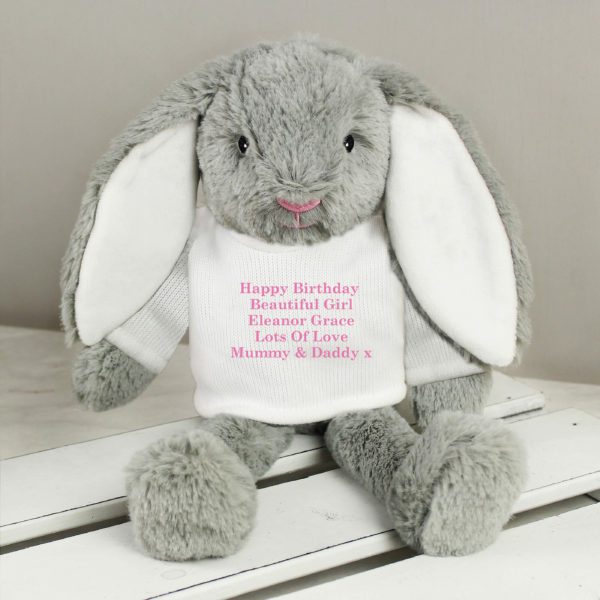 Personalised Message Bunny Rabbit In Cream Jumper – Pink Embroidery