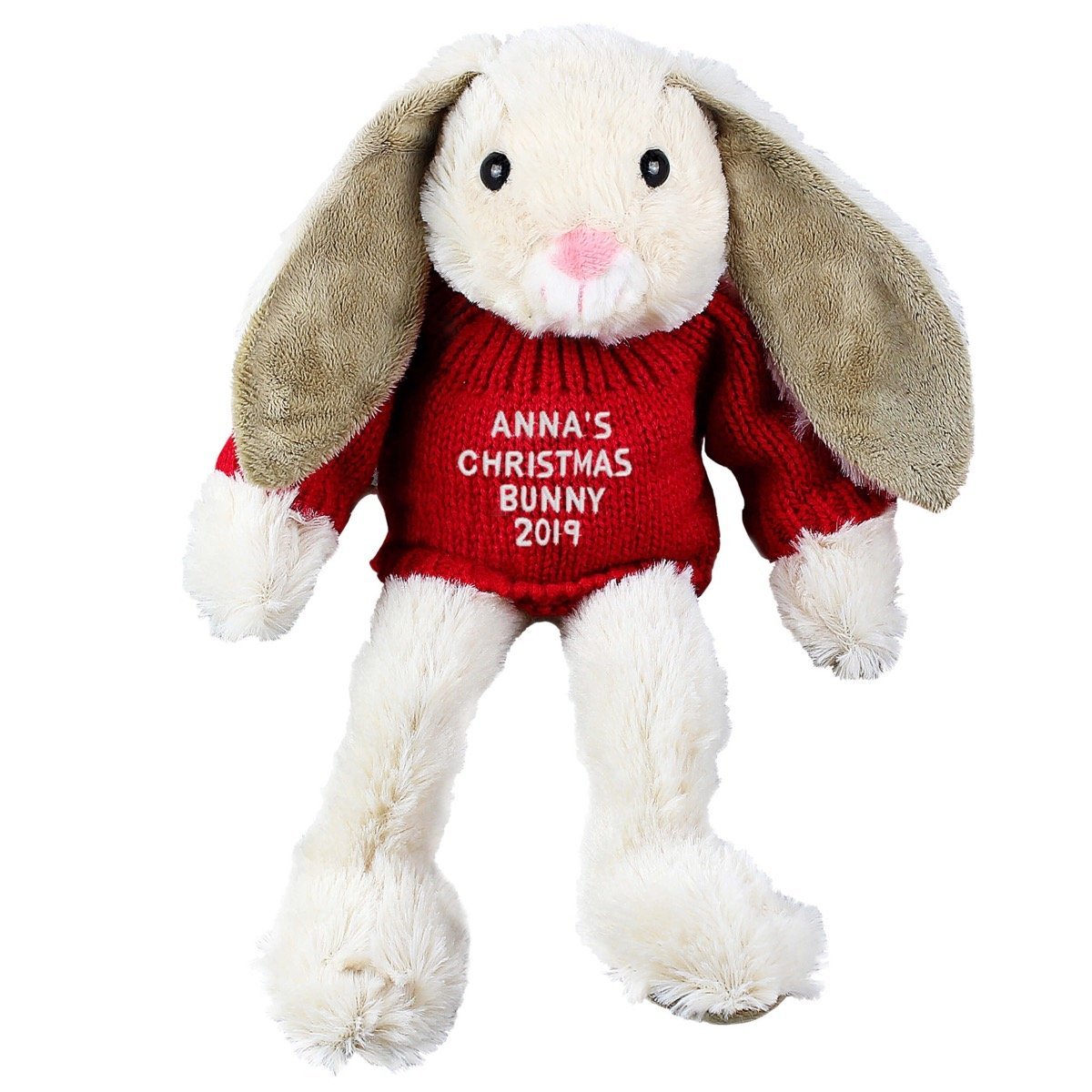 Personalised Christmas Bunny Rabbit Soft Toy In Red Jumper