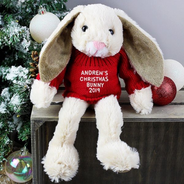 Personalised Christmas Bunny Rabbit Soft Toy In Red Jumper