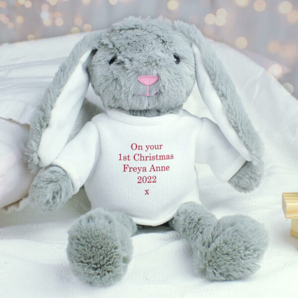 Personalised Christmas Bunny Rabbit Soft Toy In White Jumper