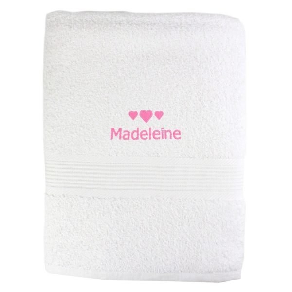 Personalised Pink Hearts White Bath Towel
