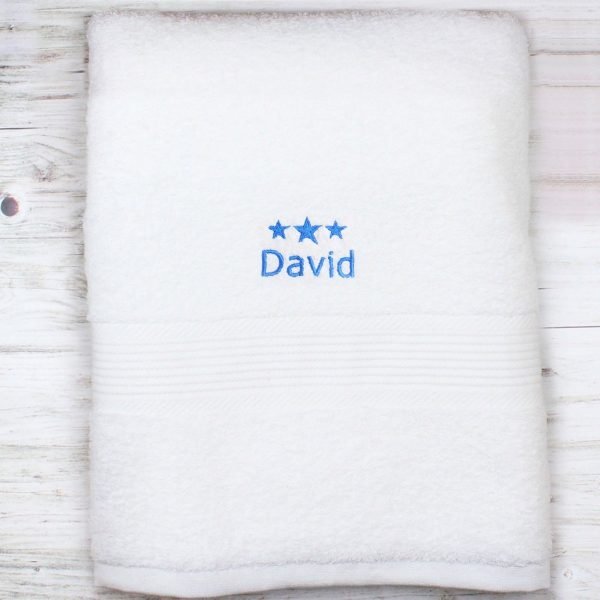 Personalised Blue Stars White Bath Towel