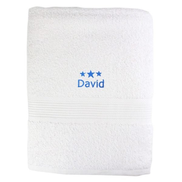 Personalised Blue Stars White Bath Towel
