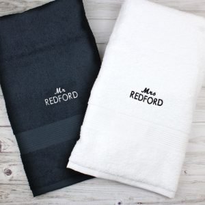 Personalised Mr & Mrs Black and White Bath Towel Set