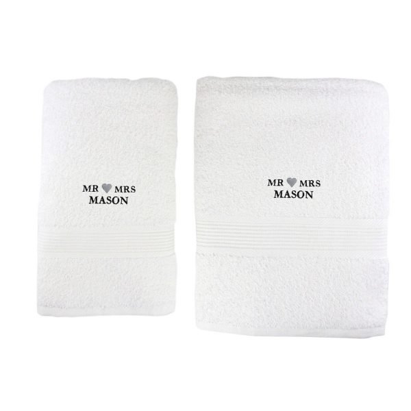 Personalised Mr & Mrs White Hand and Bath Towel Set