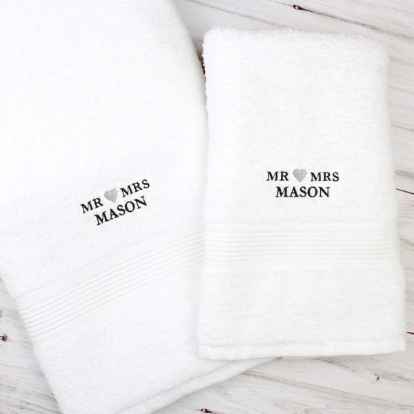 Personalised Mr & Mrs White Hand and Bath Towel Set