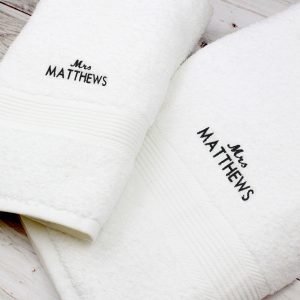 Personalised ‘Mrs’ White Hand and Bath Towel Set