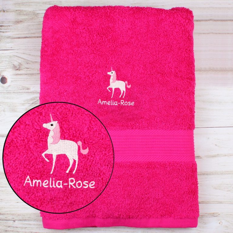 Personalised Unicorn Bright Pink Bath Towel