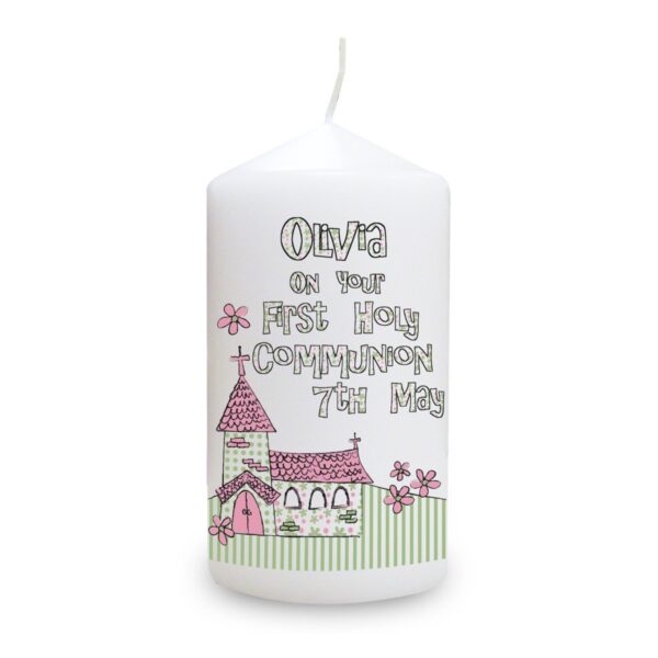 Personalised Whimsical Church Pink 1st Holy Communion Candle