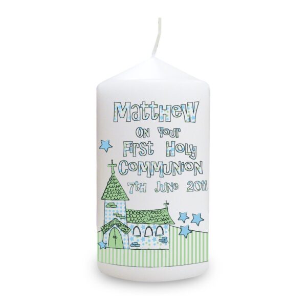 Personalised Whimsical Church Blue 1st Holy Communion Candle