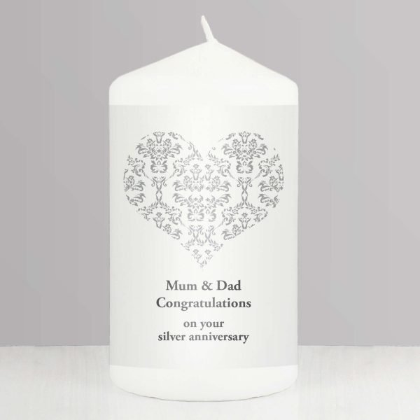 Personalised Silver Damask Heart Candle