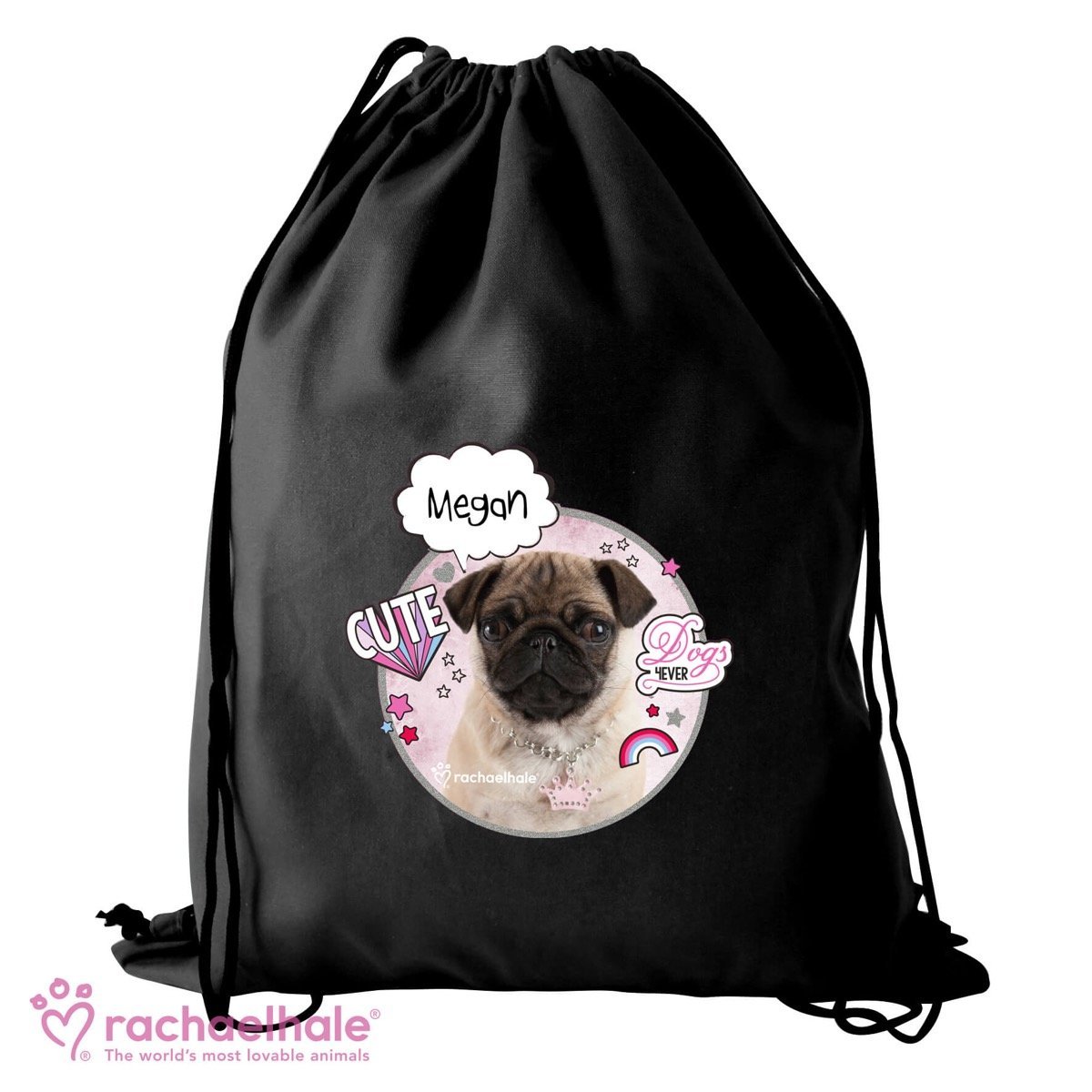 Personalised Rachael Hale Doodle Pug Black Swim & Kit Bag