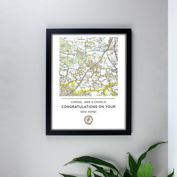 Personalised Present Day Map Compass Black Framed Poster Print
