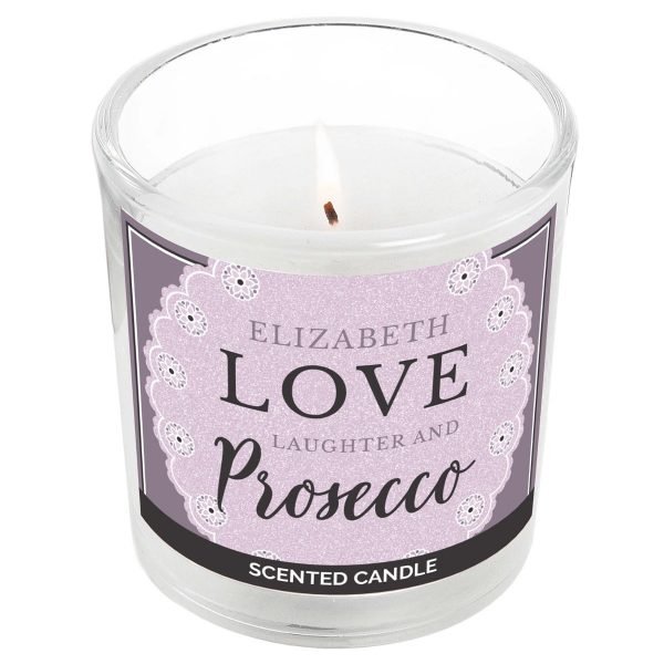 Personalised Lilac Lace ‘Love Laughter & Prosecco’ Scented Jar Candle
