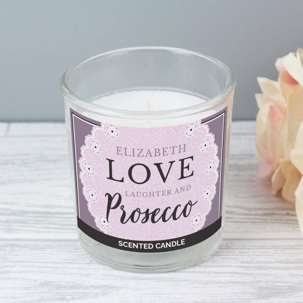 Personalised Lilac Lace ‘Love Laughter & Prosecco’ Scented Jar Candle