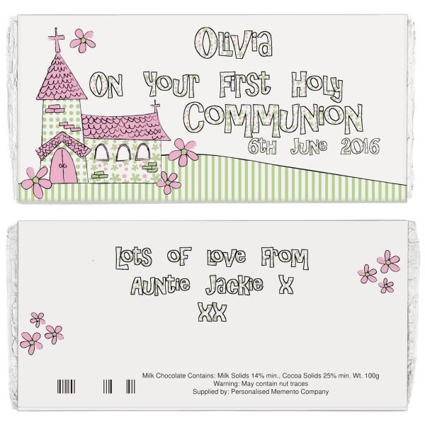 Personalised Whimsical Church Pink 1st Holy Communion Milk Chocolate Bar