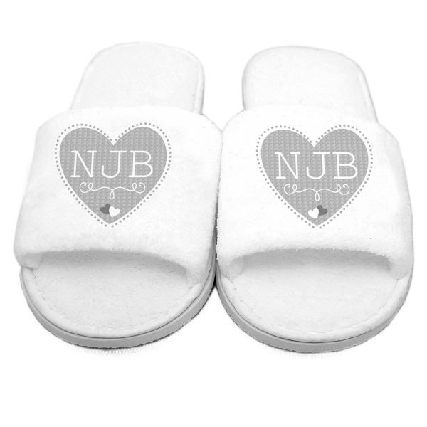 Personalised Grey Heart Initials Velour Slippers