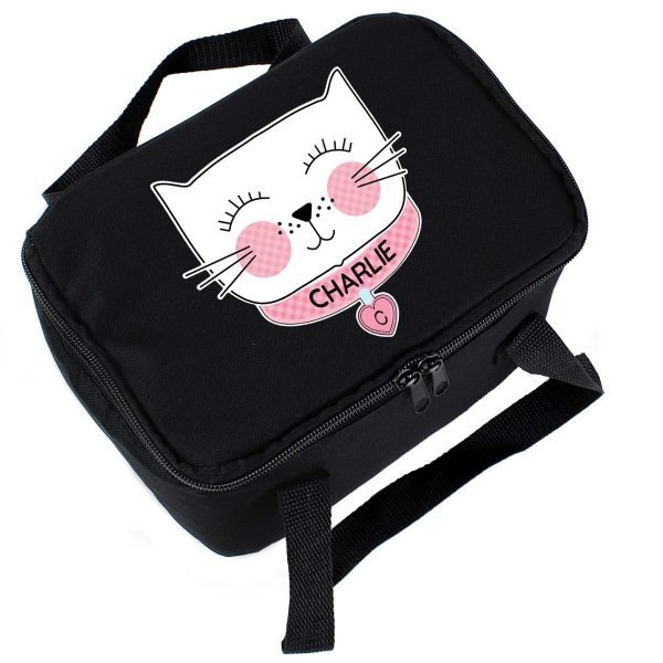 Personalised Cute Cat Black Lunch Bag