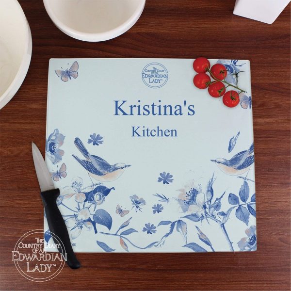 Personalised Country Diary Blue Blossom Glass Chopping Board/Worktop Saver