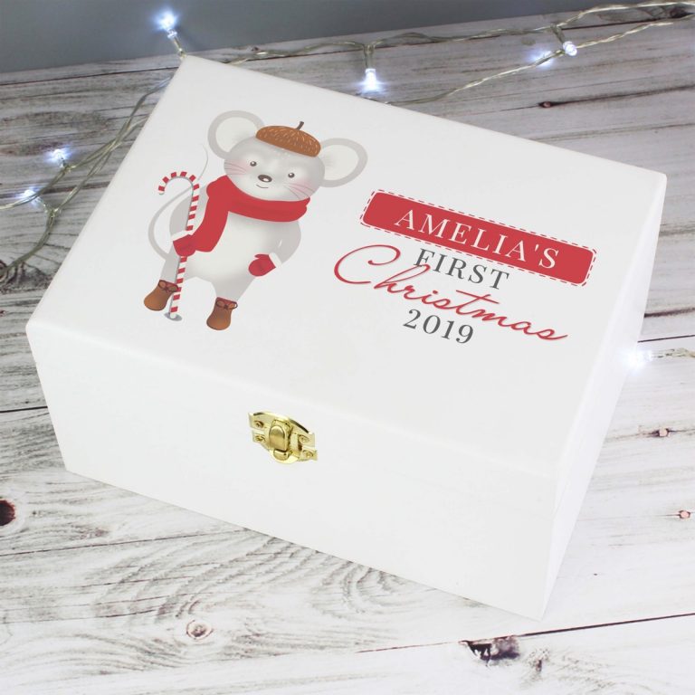 Personalised ‘1st Christmas’ Mouse White Wooden Keepsake Box