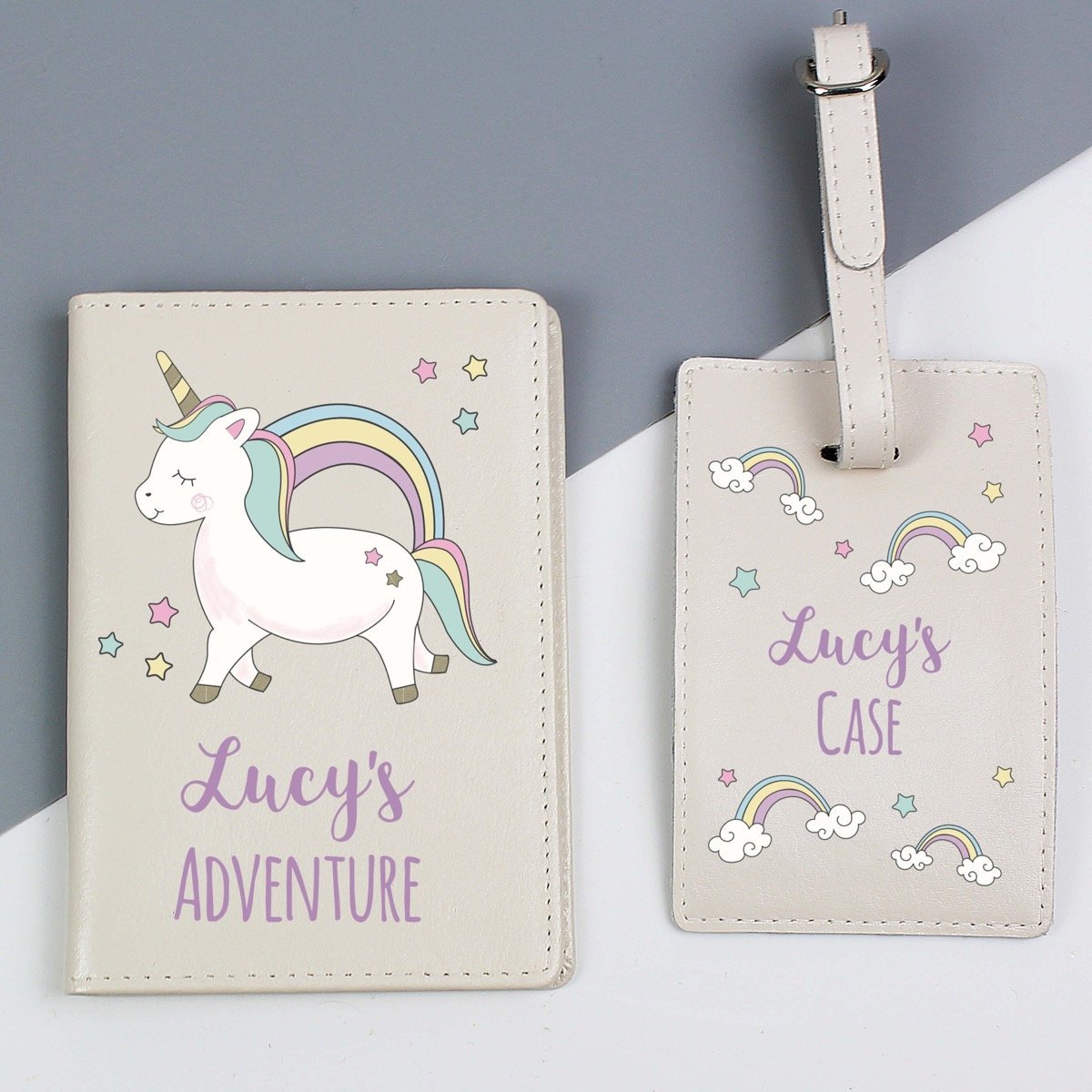 Personalised Baby Unicorn Cream Passport Holder & Luggage Tag Set