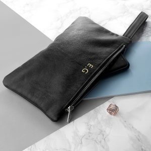Personalised Black Leather Clutch Bag – Initials