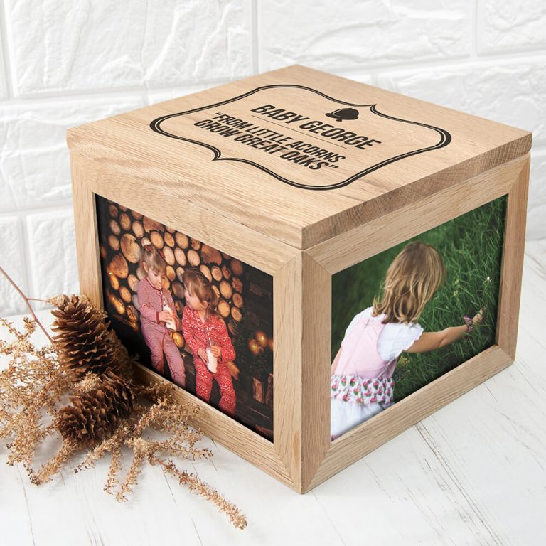 Personalised Oak Photo Keepsake Box – Acorns