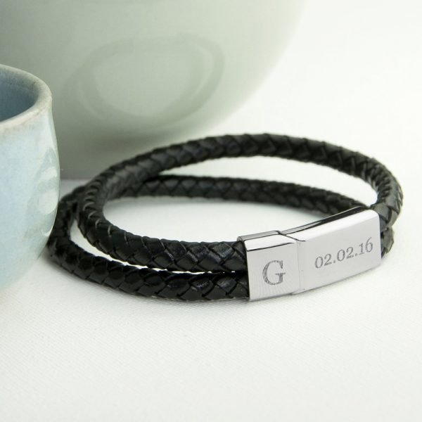 Personalised Mens Dual Leather Woven Bracelet – Initials & Message