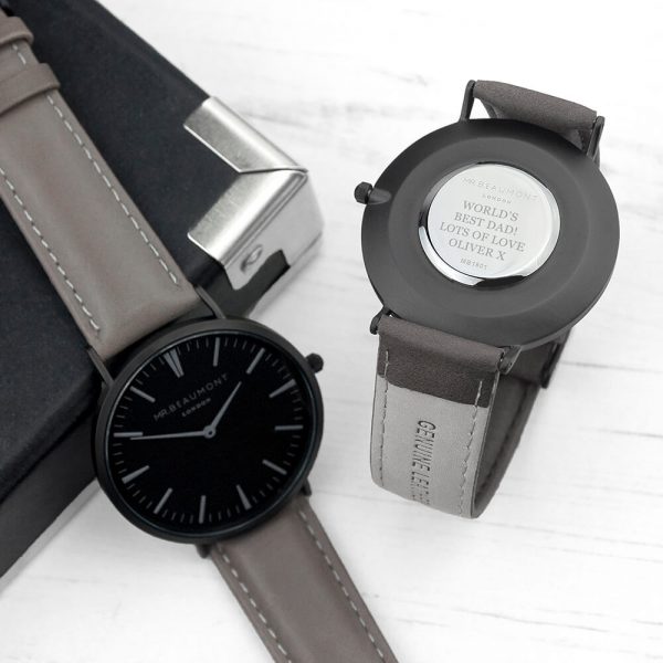 Personalised Mens Ash Leather Watch with Black Face – Your Message