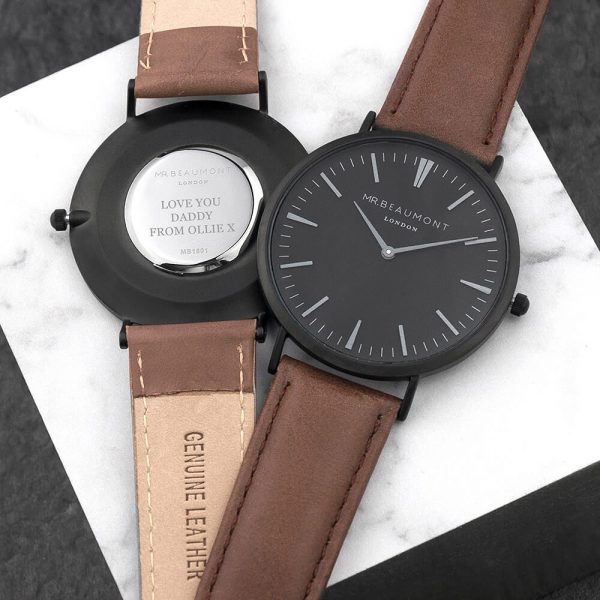 Personalised Mens Brown Leather Watch with Black Face – Your Message