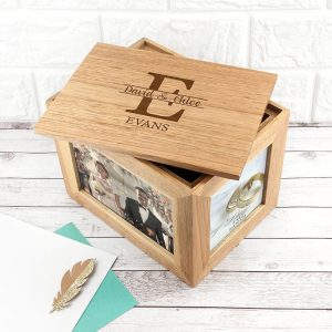 Personalised Oak Photo Keepsake Box – Couple Monogram (Medium)