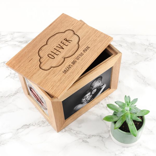 Personalised Oak Photo Keepsake Box – Baby Name in Cloud (Medium)