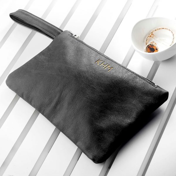 Personalised Black Leather Clutch Bag – Initials