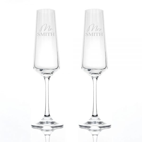 Personalised set of 2 Gold Champagne Glasses – Mr & Mrs