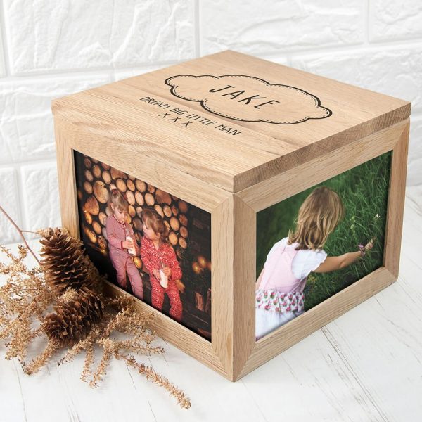 Personalised Oak Photo Keepsake Box – Baby Name in Cloud