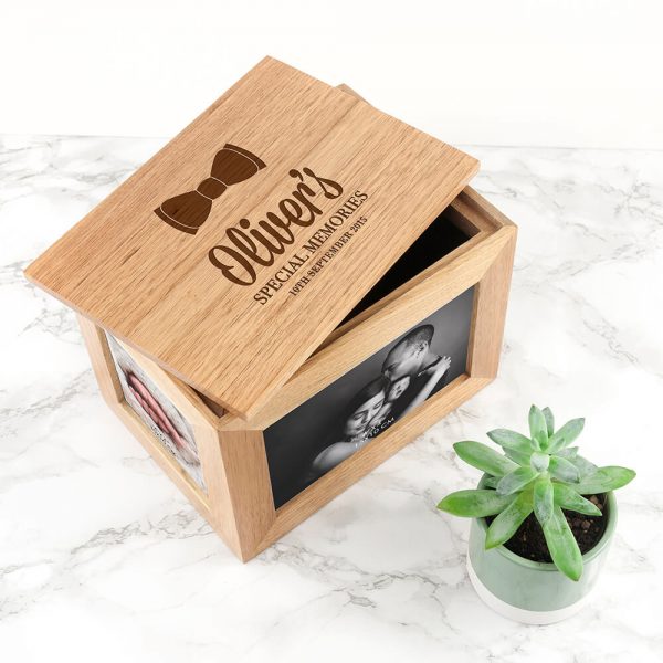 Personalised Oak Photo Keepsake Box – Baby Bow Tie (Medium)