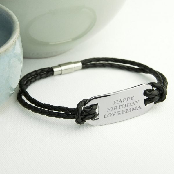 Personalised Mens Leather Woven Bracelet – Your Message