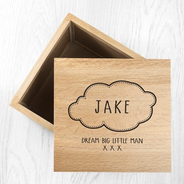 Personalised Oak Photo Keepsake Box – Baby Name in Cloud