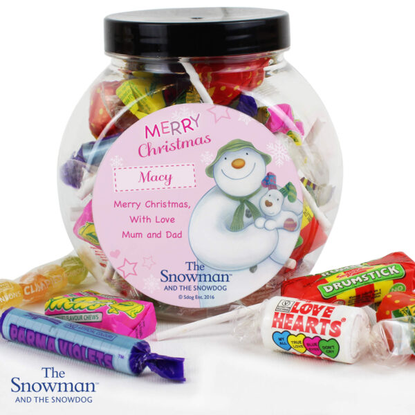 Personalised The Snowman and the Snowdog Pink Sweet Gift Jar