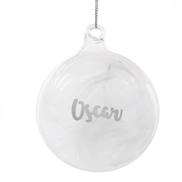 Personalised Silver Glitter Name Only Feather Glass Bauble