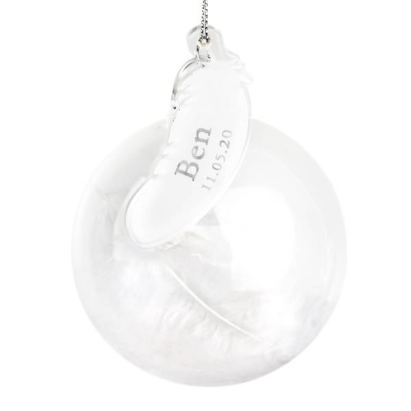 Personalised Name & Date Feather Glass Bauble